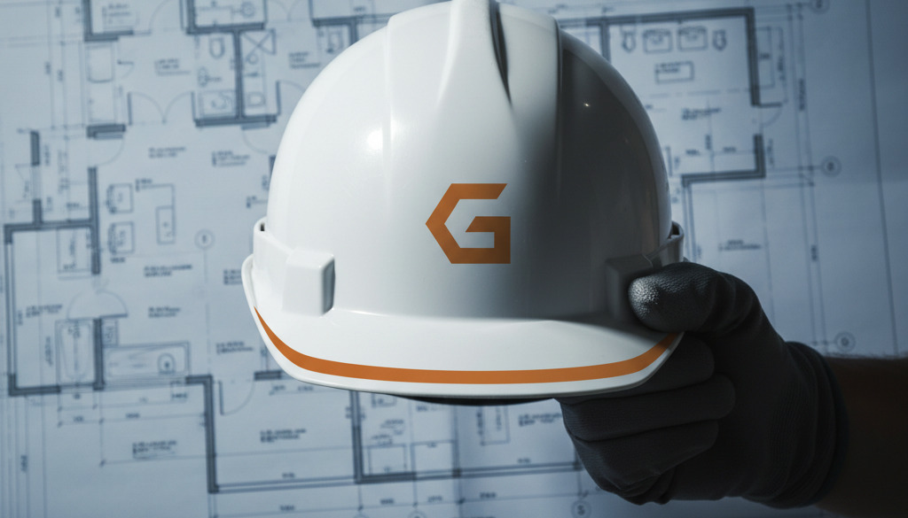 Main tenant un casque de chantier devant un plan.