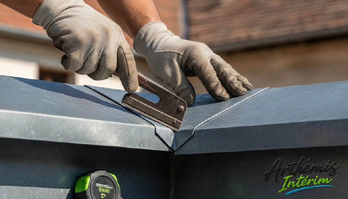 Ouvrier expert réalisant une finition de toiture en zinc de haute qualité.