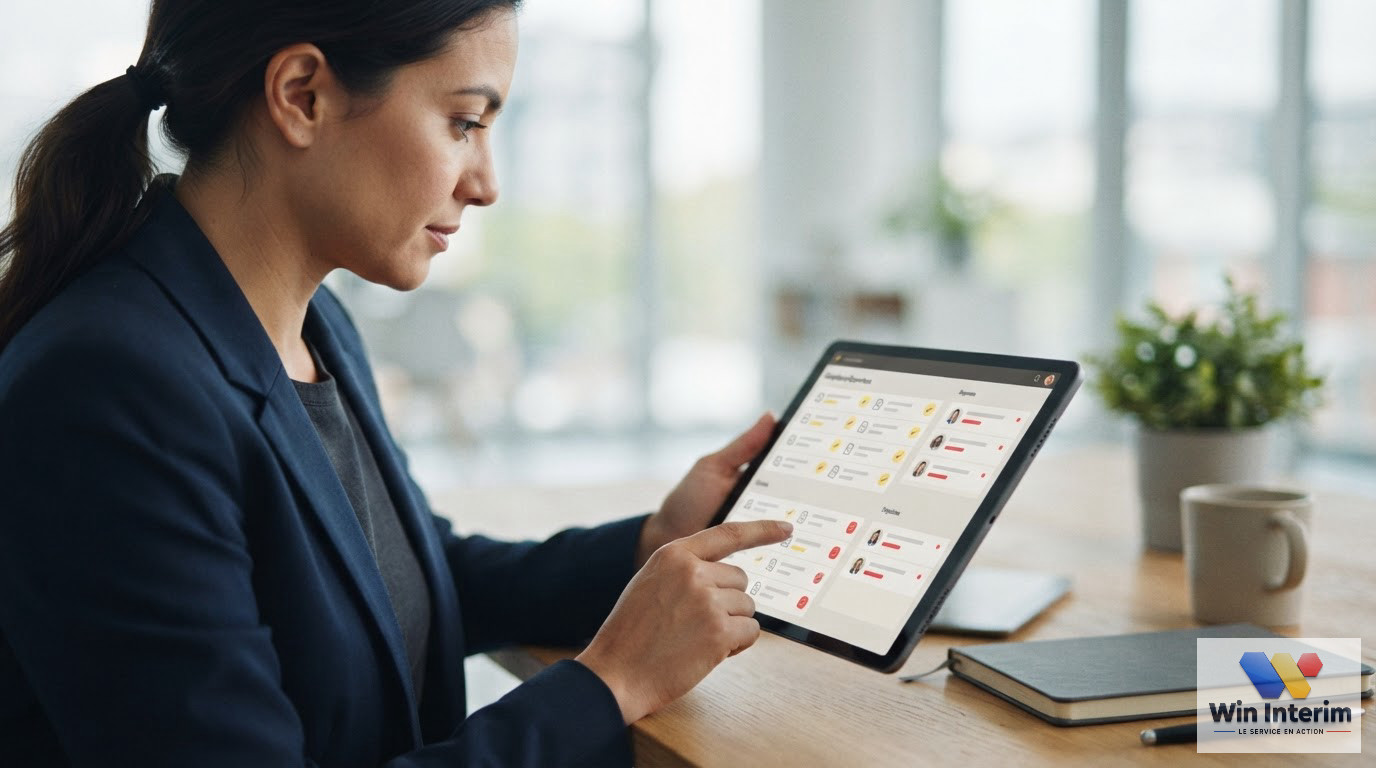 Une tablette affichant une liste numérique de documents de conformité.