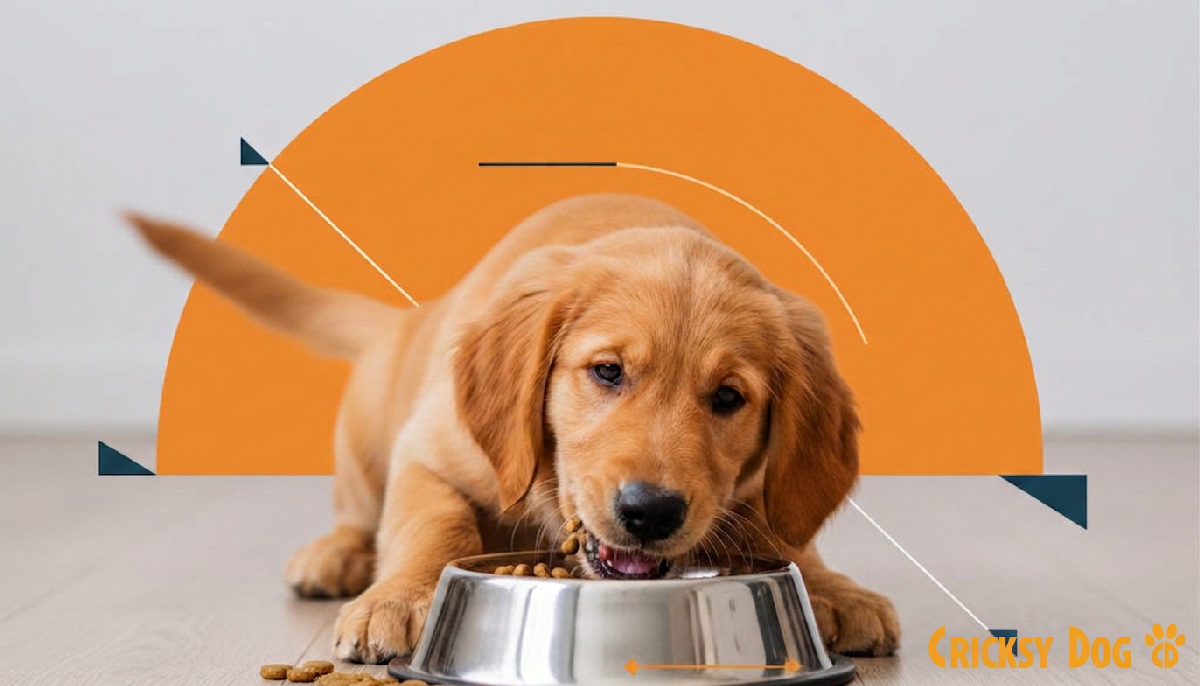 cosa dare da mangiare ai cuccioli - Cucciolo felice mangia crocchette dalla sua ciotola.