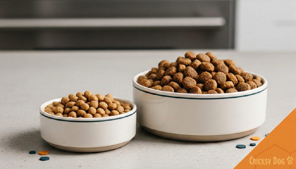 Due ciotole con crocchette di diverse dimensioni per cani.