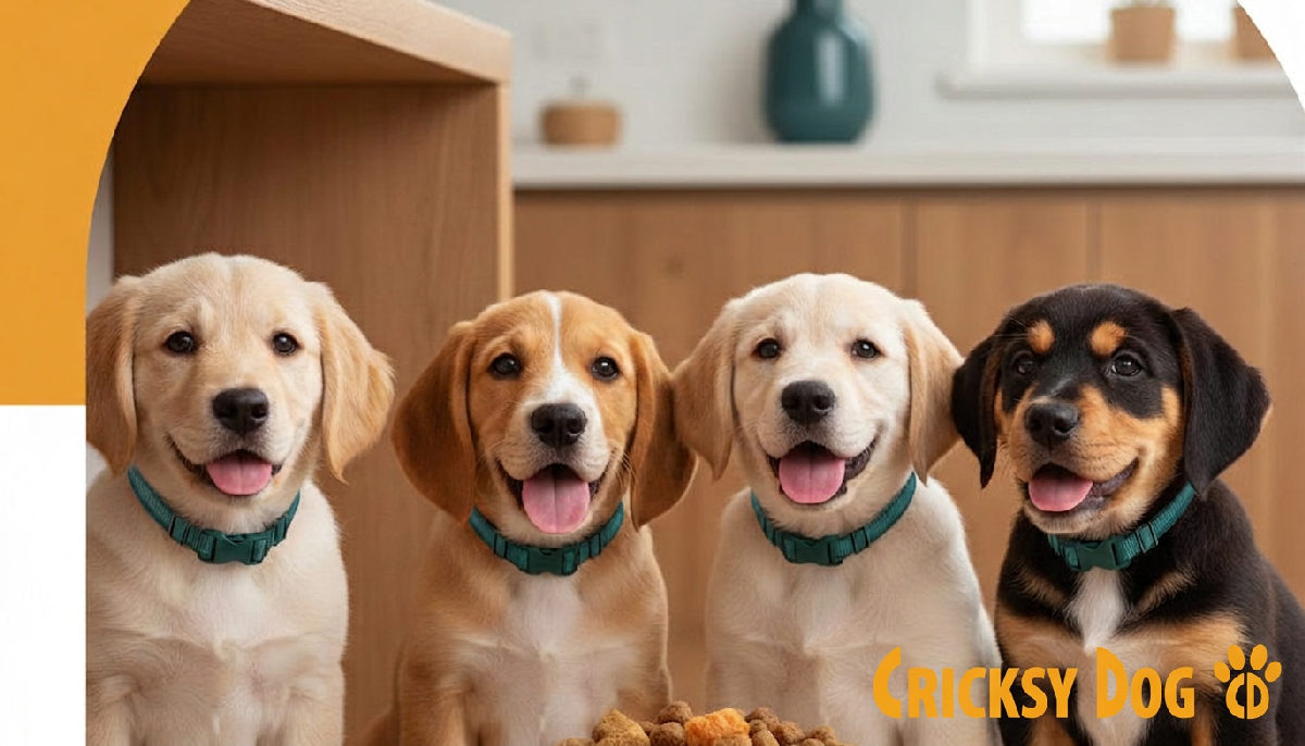 Cucciolo sano che gusta del cibo per cani.