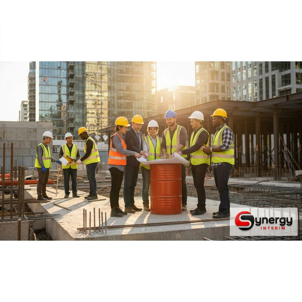 Gestion personnel : flexibilité essentielle en entreprise 1 Équipe multiculturelle sur un chantier, personnel et intérimaires collaborent.