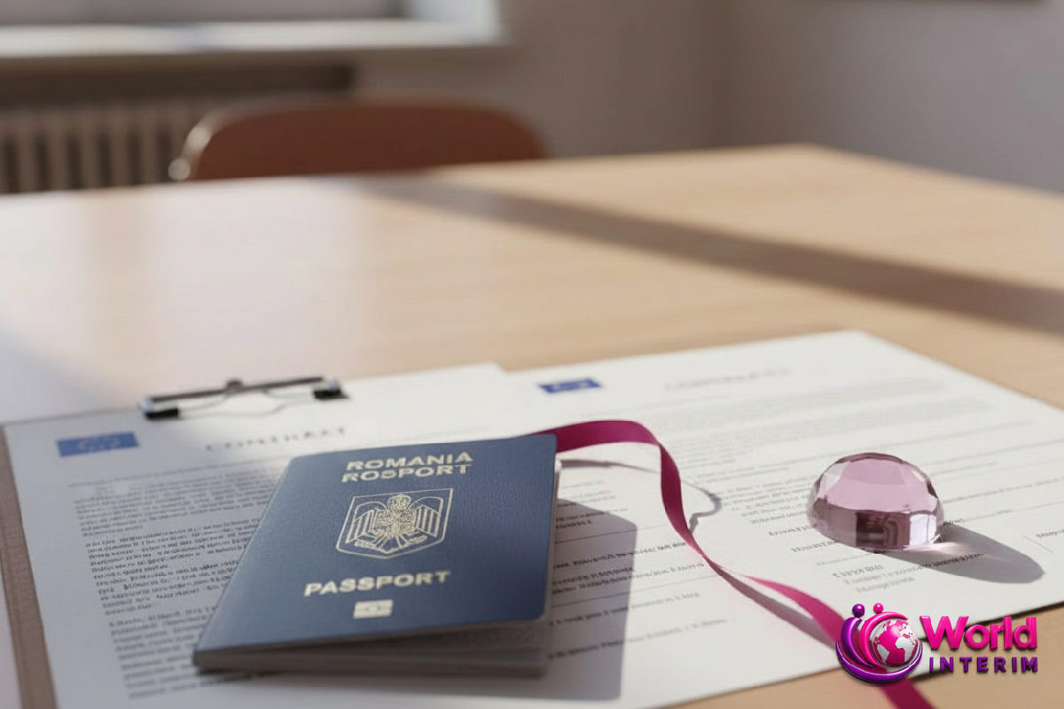 Documents contractuels européens et passeport roumain sur une table.