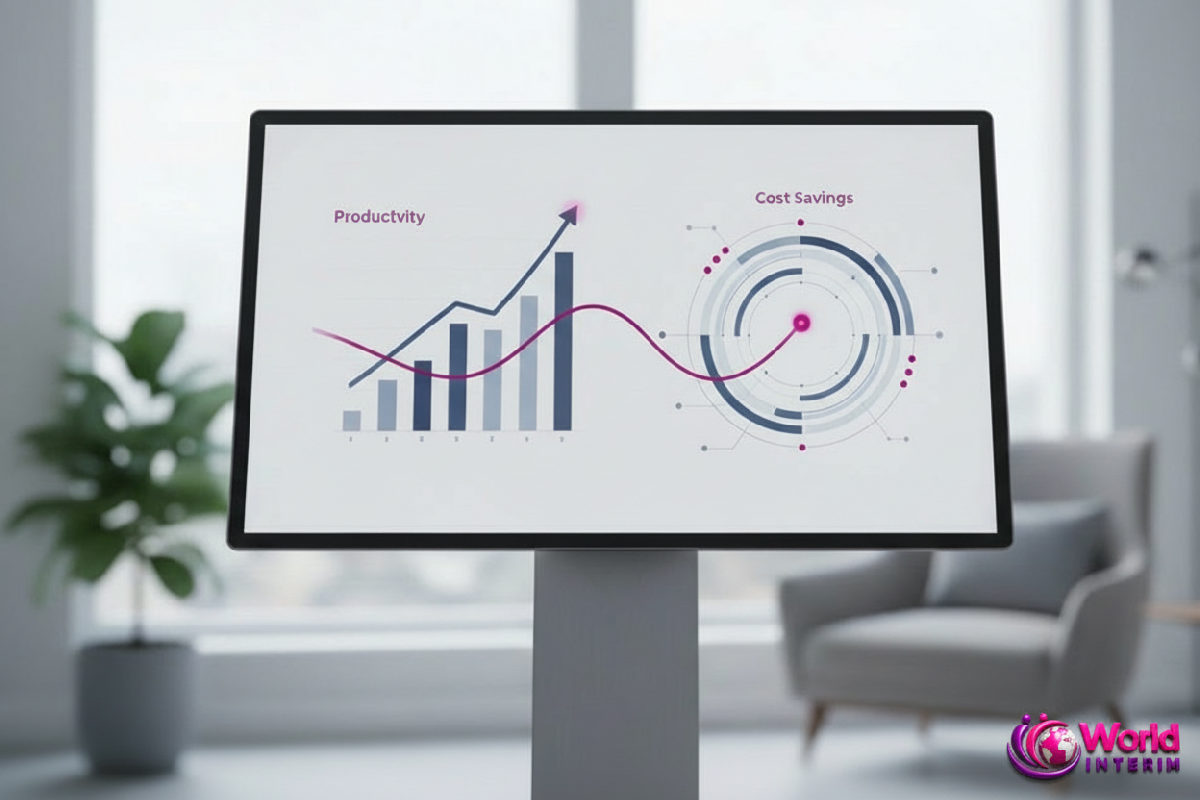 Tableau de bord numérique affichant productivité et économies.