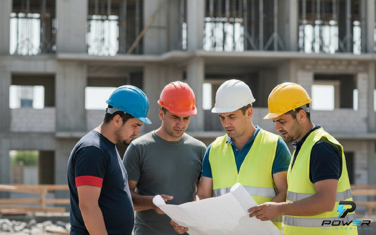 Un superviseur parle à une équipe d'ouvriers sur un chantier.