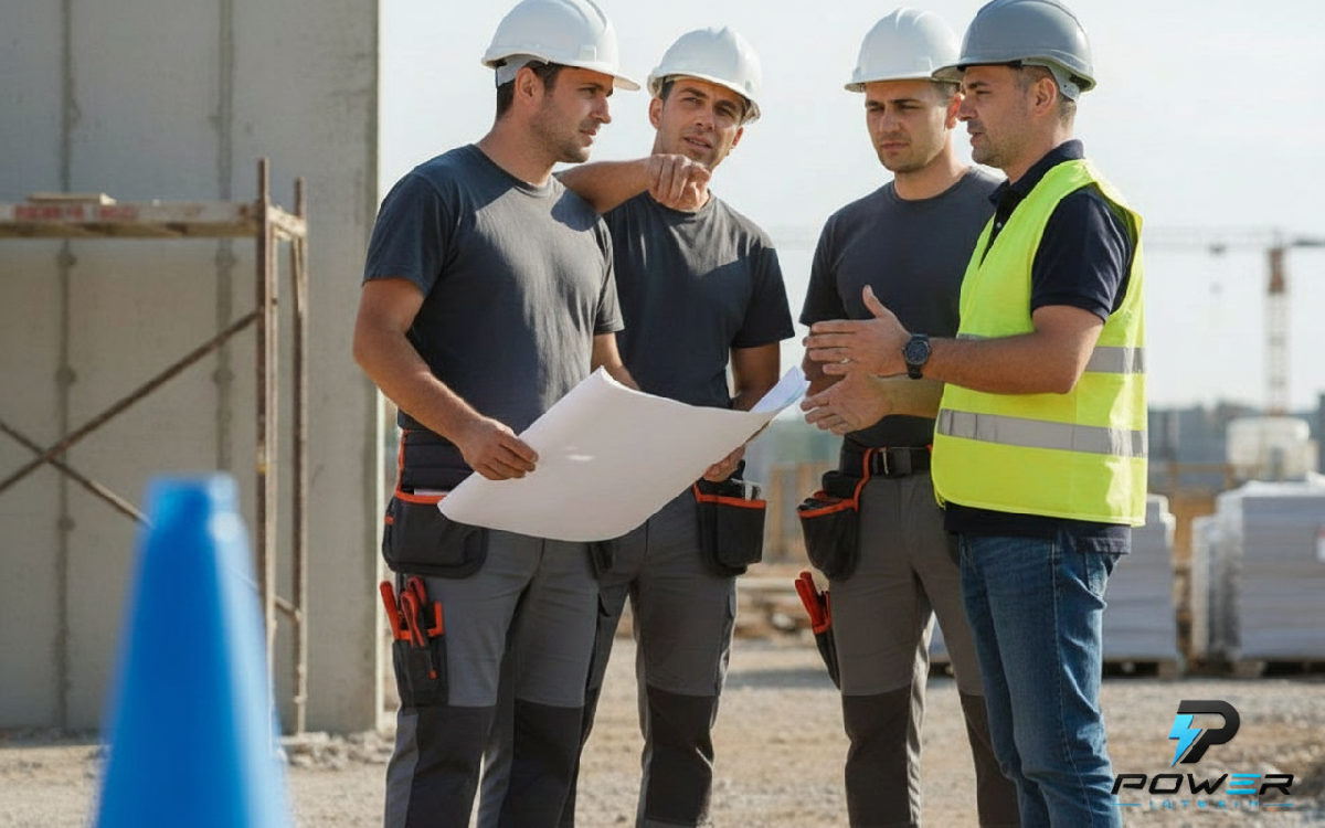Groupe d'ouvriers roumains souriants sur un chantier moderne.