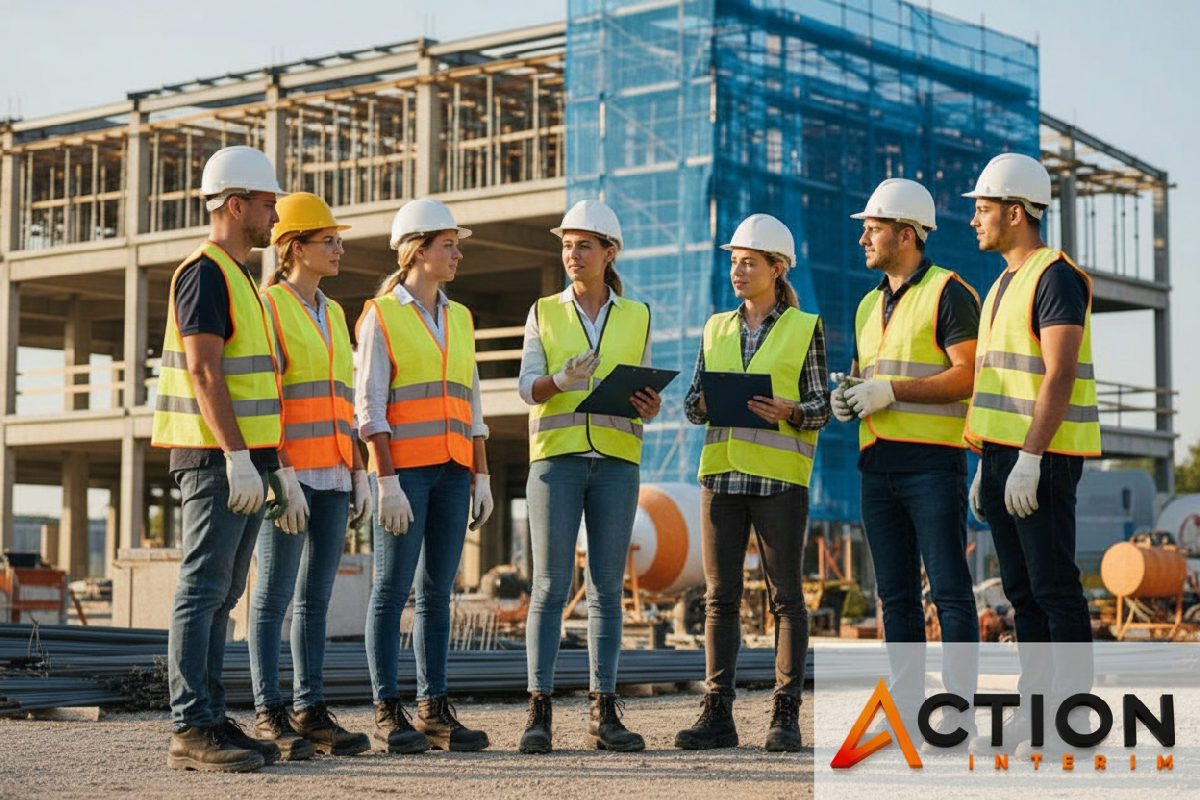 Équipe de travailleurs sur un chantier lors d'un briefing sécurité.