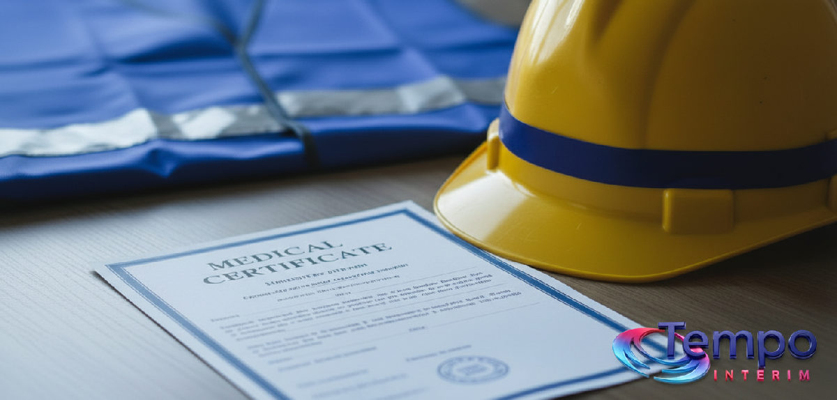 Certificat médical et casque de chantier symbolisant la sécurité au travail.