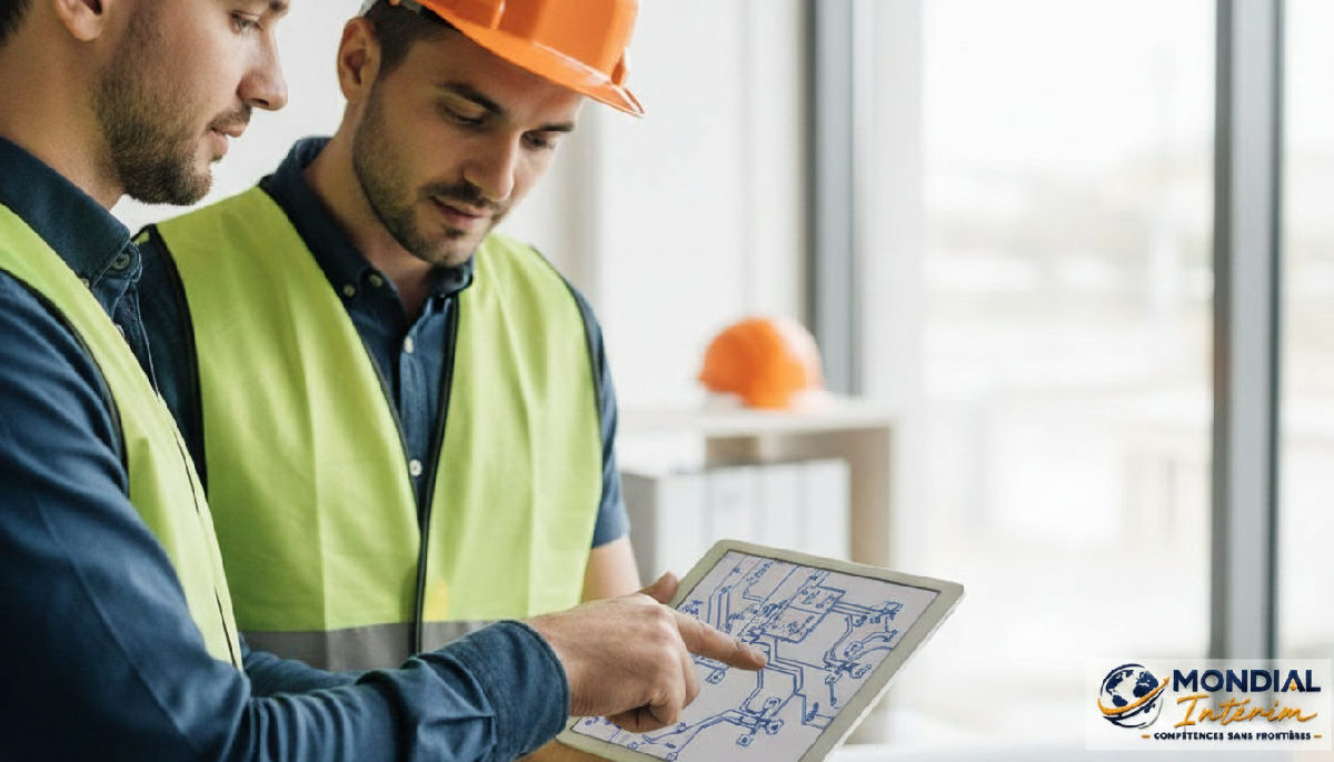 Manager expliquant des plans à un ouvrier avec une tablette.