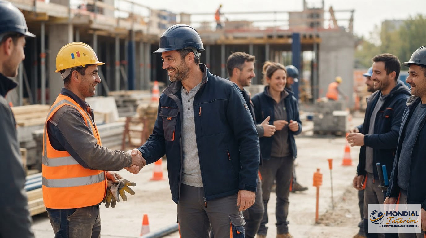 Accueil chaleureux d'ouvriers roumains par un chef d'équipe sur un chantier français.