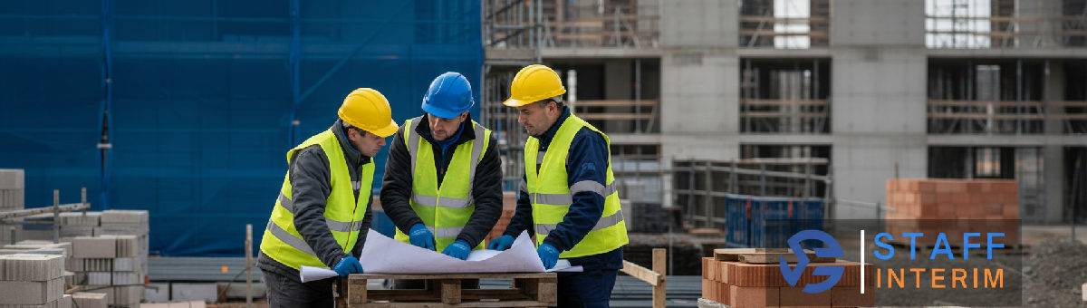 Ouvriers roumains discutant d'un plan de construction.