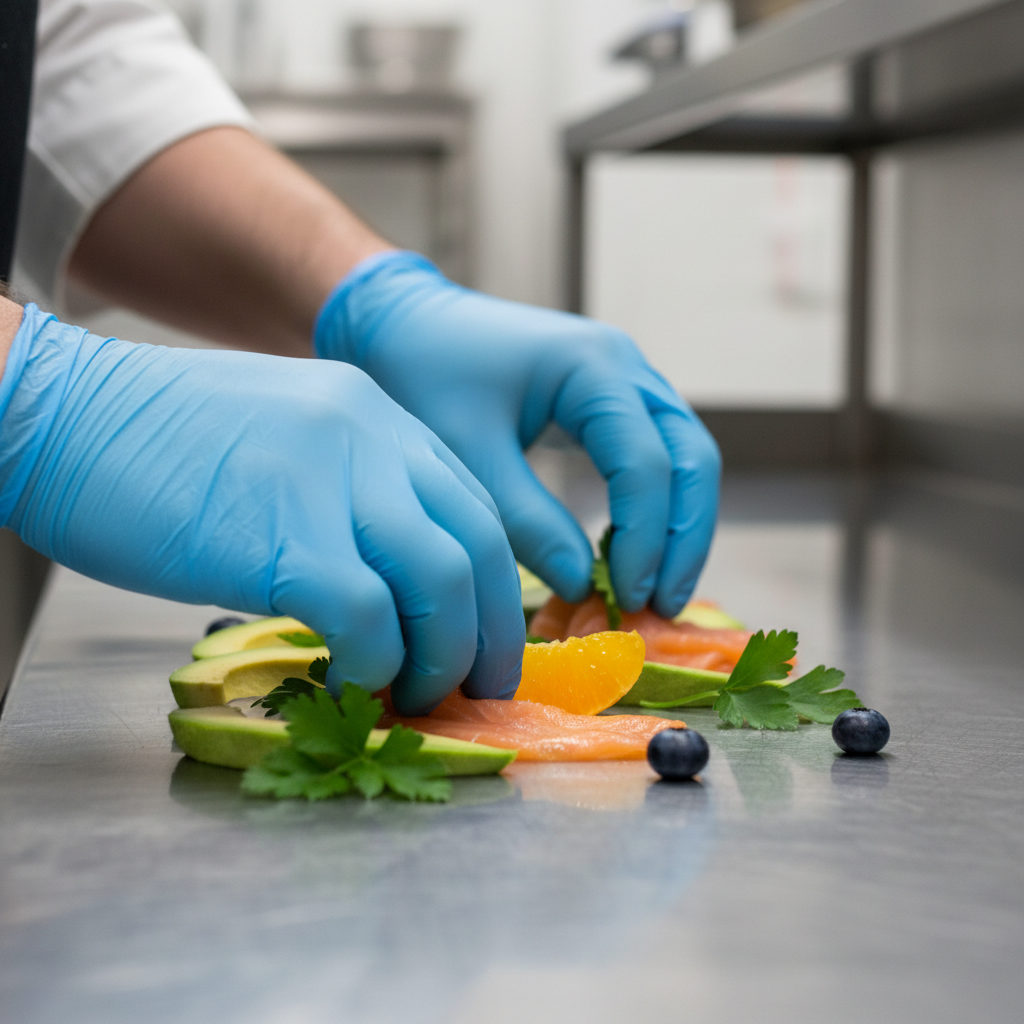 Gros plan sur des mains gantées manipulant des produits alimentaires frais avec précision, illustrant la rigueur des intérimaires roumains