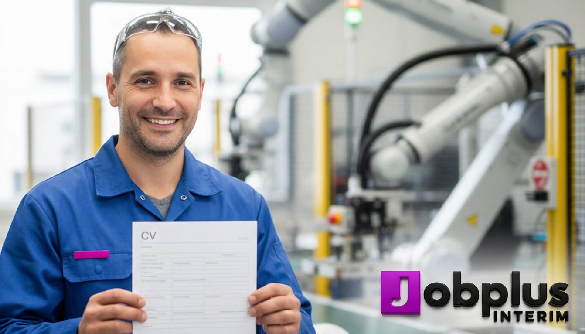 Ouvrier qualifié souriant présente son CV devant usine.