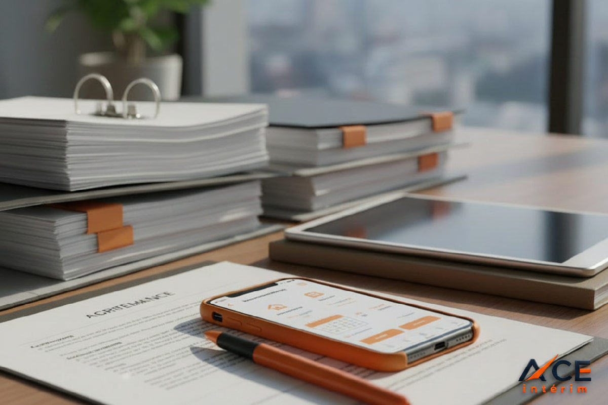 Bureau avec documents et application de gestion de logement.
