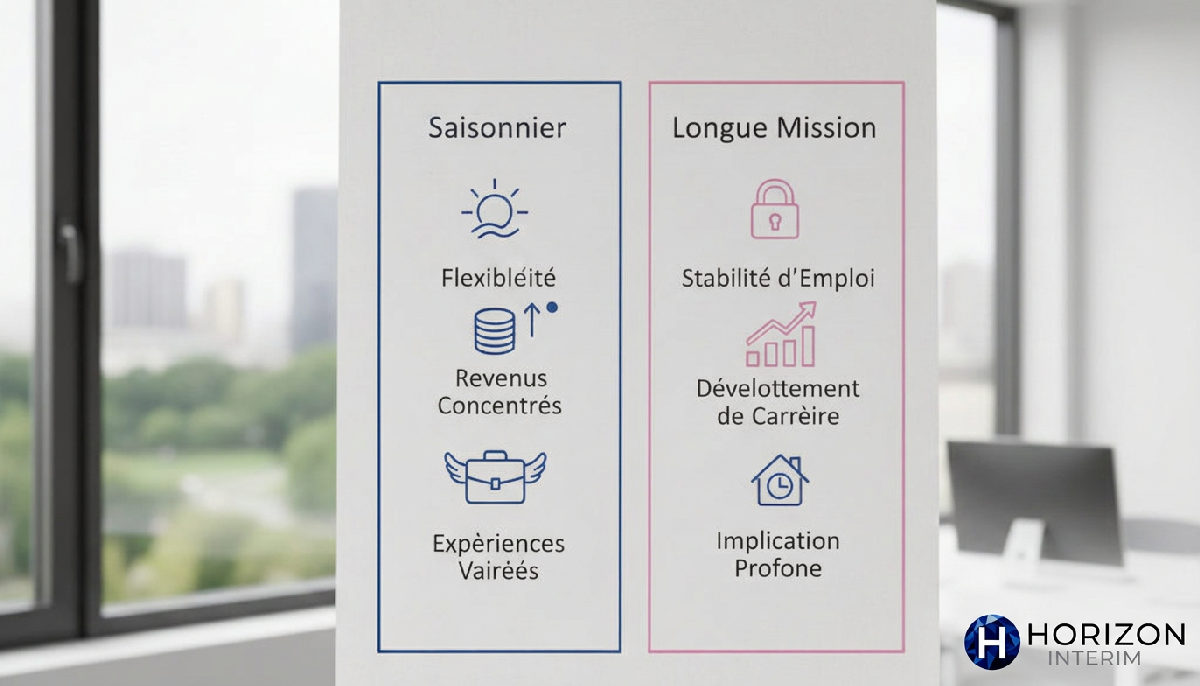Comparaison visuelle des avantages et inconvénients du secondement saisonnier et des missions longues.