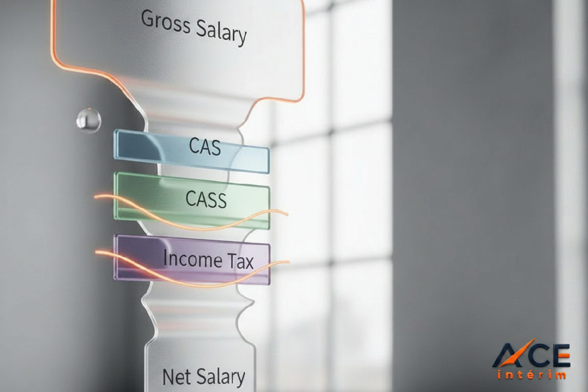 Infographie expliquant le passage du salaire brut au salaire net en Roumanie.