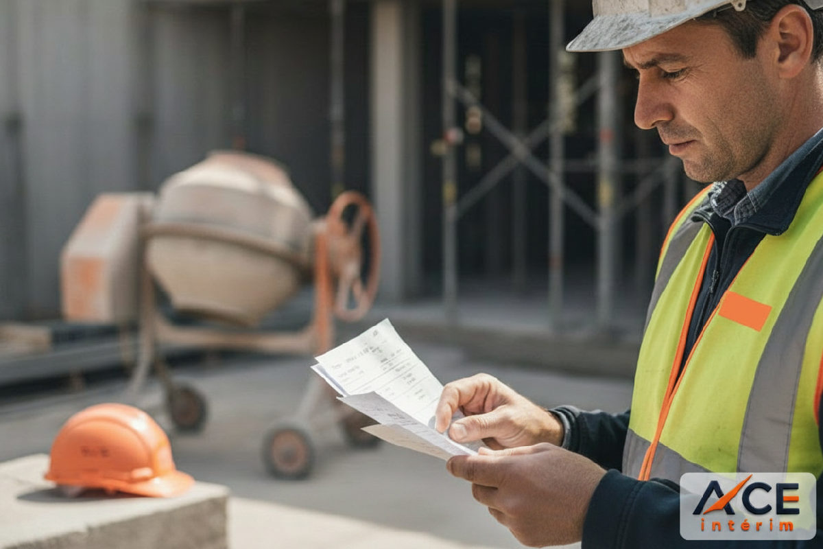 Comparaison d'une feuille de temps et d'un bulletin de salaire sur un chantier.