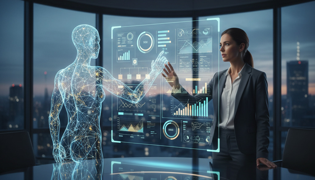 Marketer and AI collaborating on a holographic strategy board.
