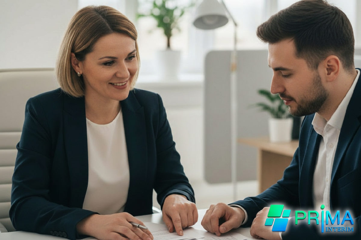 Manager RH expliquant un contrat à un travailleur roumain.