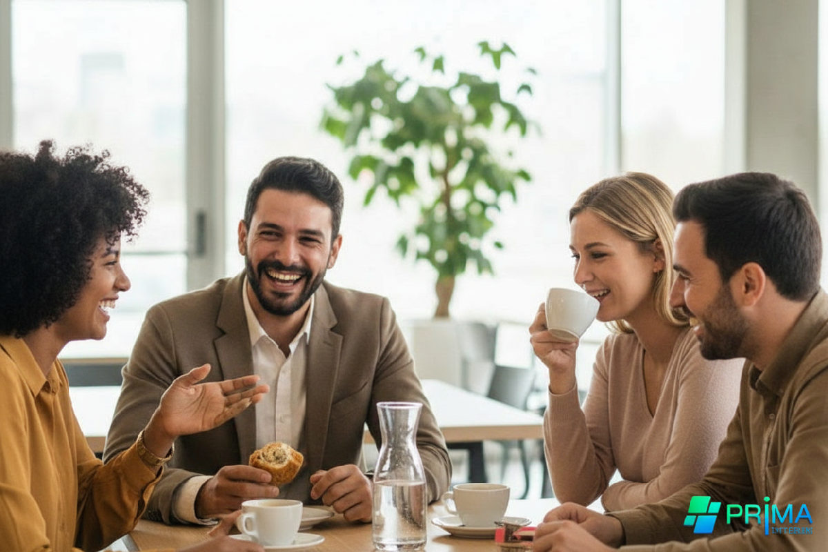 Employés français et roumains partageant une pause café.