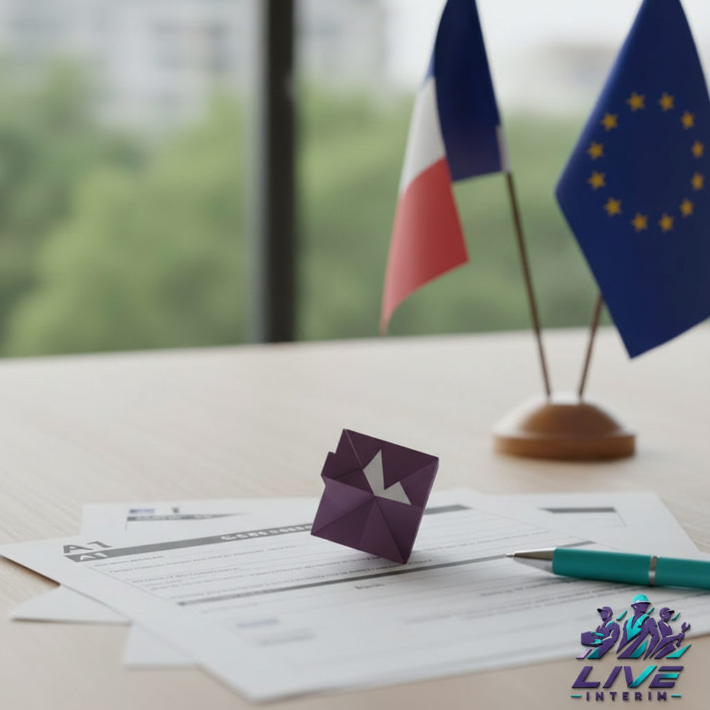 Bureau avec drapeaux, formulaires A1 et S1 pour la conformité.