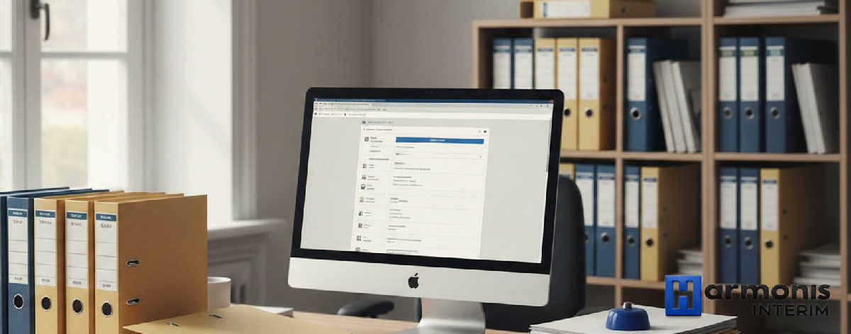 Bureau d'agence d'intérim avec dossiers et logiciel RH.