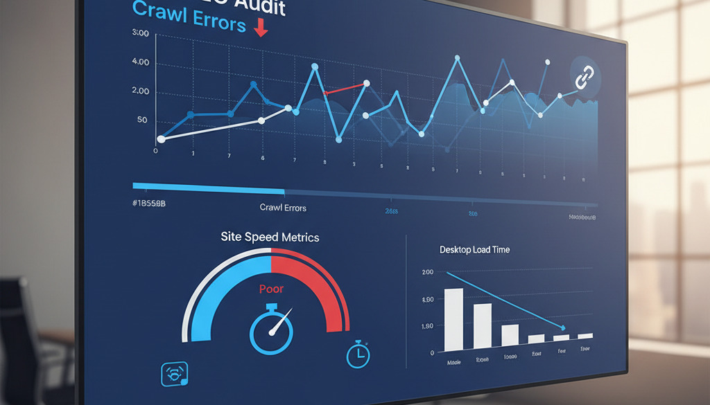 AI SEO audit dashboard displaying site metrics.