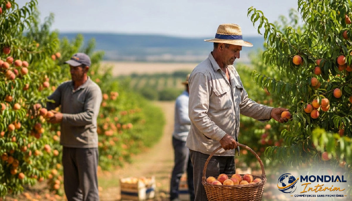 récoltes estivales travailleurs roumains - Travailleurs agricoles dans un champ de fruits par temps ensoleillé.