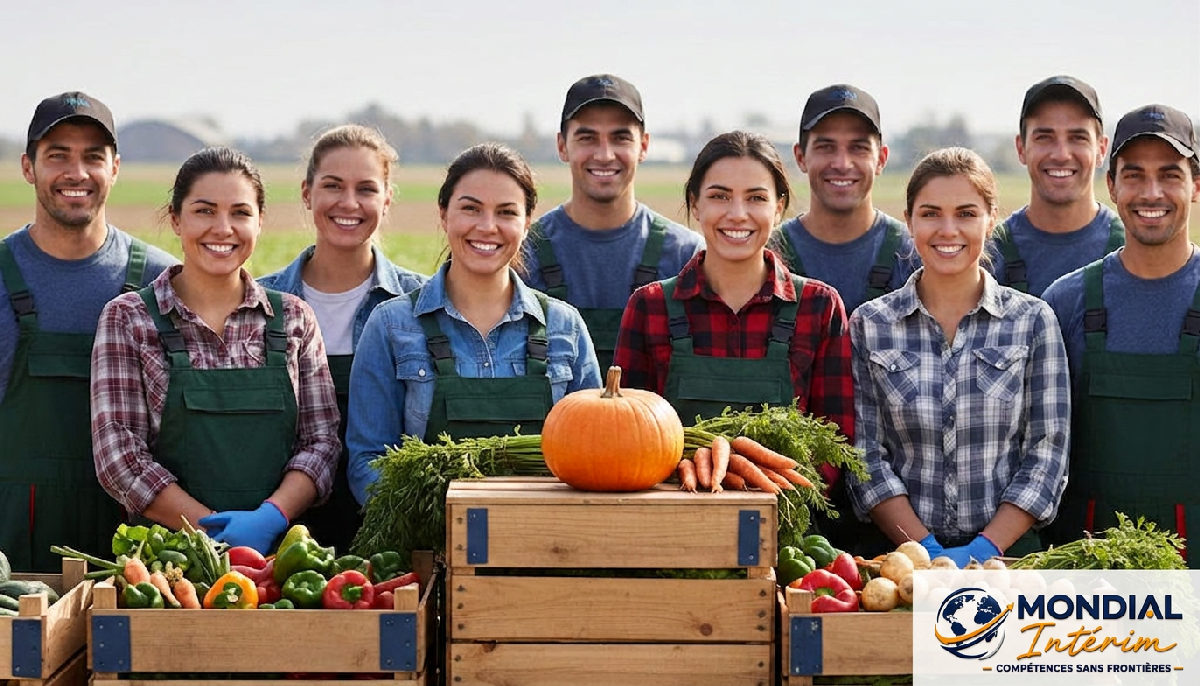 Équipe de travailleurs saisonniers avec des caisses de légumes frais.