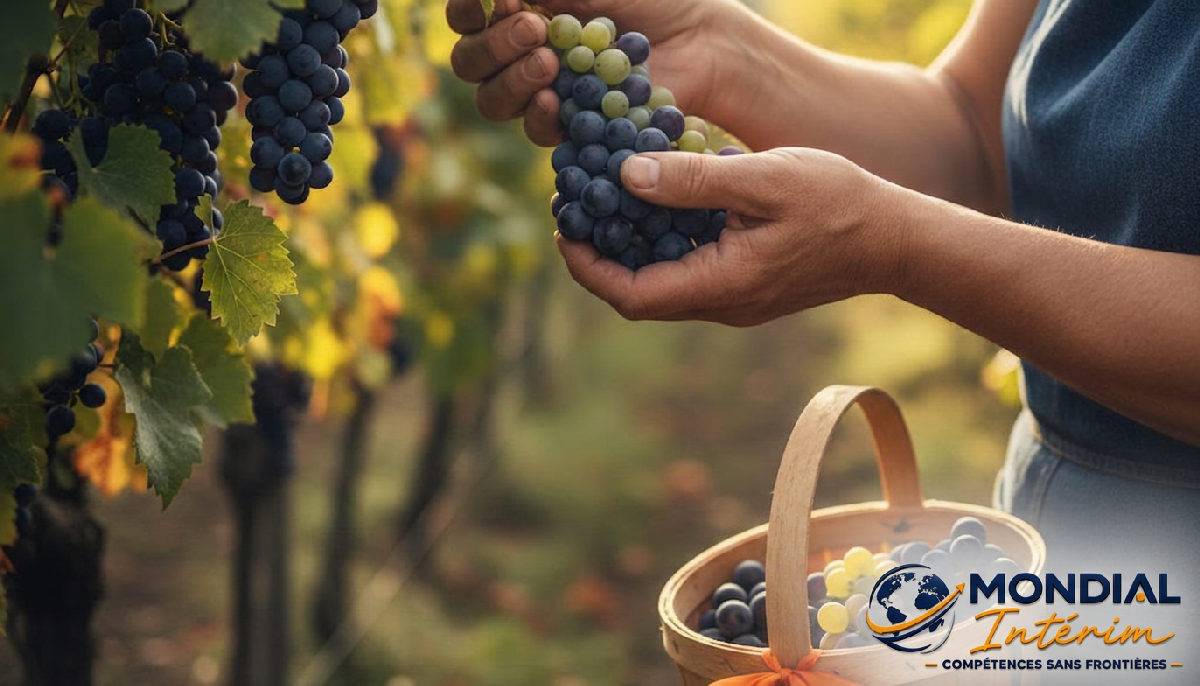 Mains expertes cueillant des raisins ou des fruits délicats.
