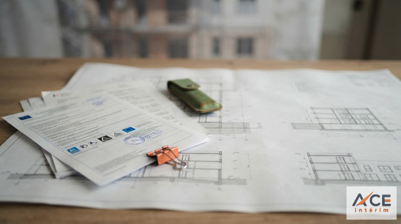 Documents administratifs et formulaire A1 posés sur un plan de chantier.