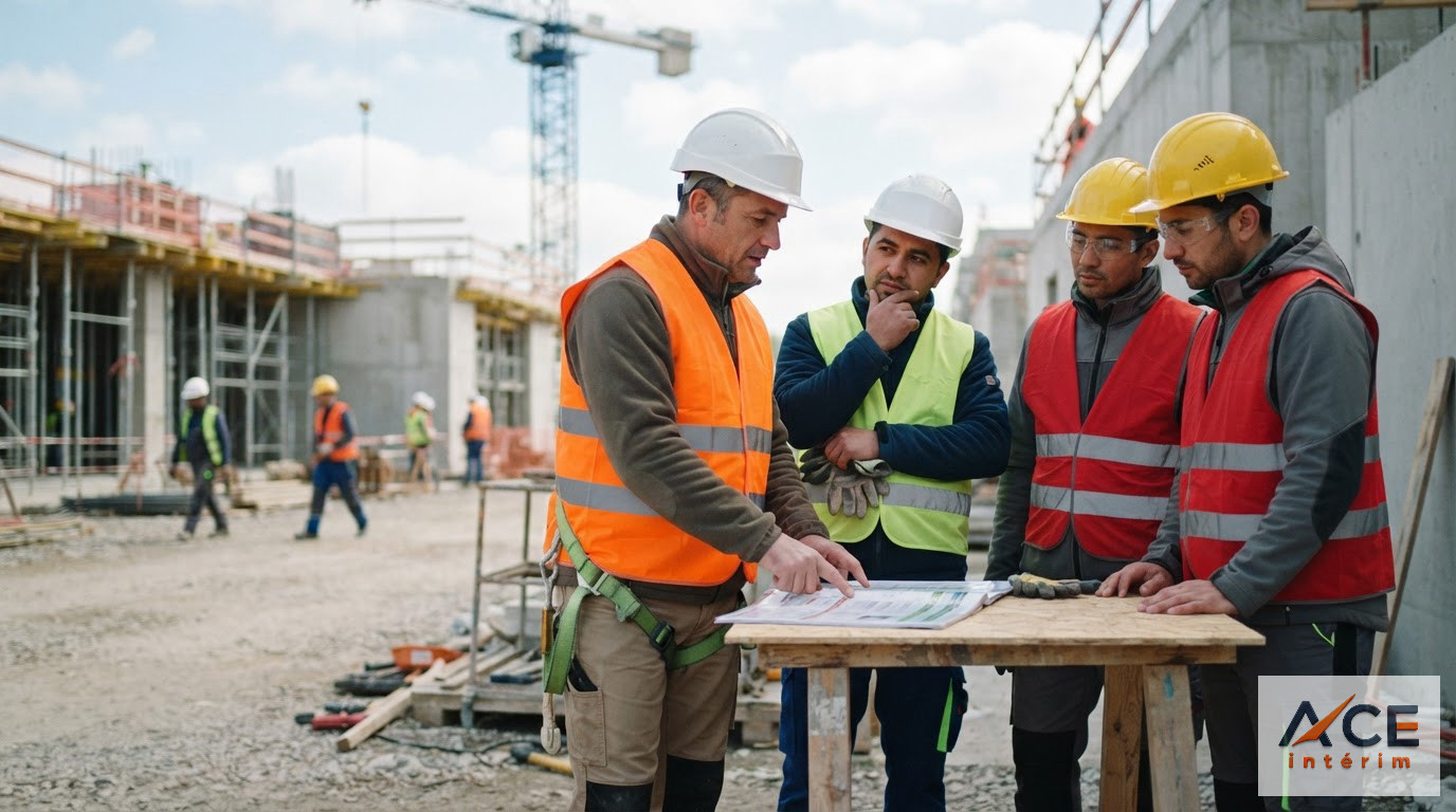 Réunion de sécurité pour une équipe d'ouvriers sur un chantier.