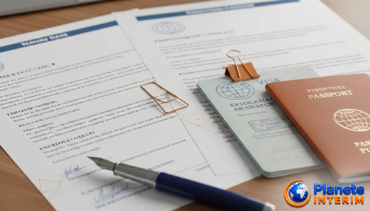 Documents officiels de recrutement international, passeports et contrats de travail.