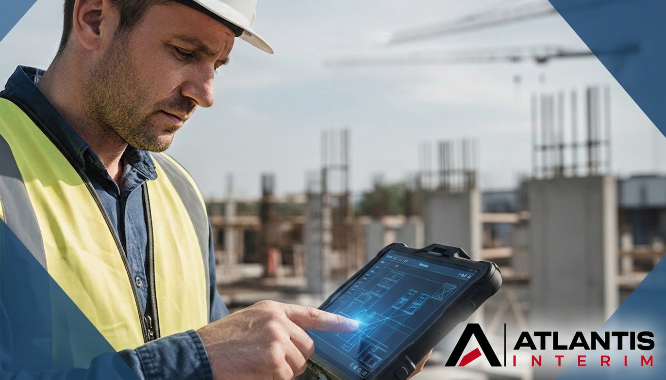 Technicien BTP roumain consultant des plans sur tablette en France.