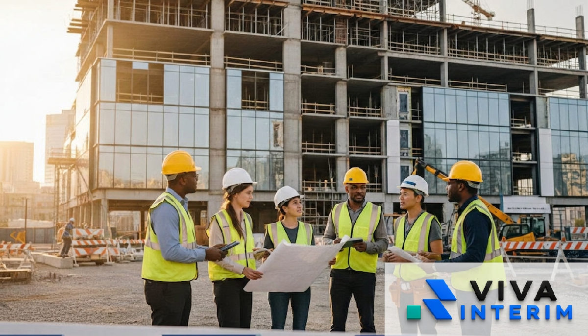 Équipe de construction diversifiée illustrant le recrutement international.