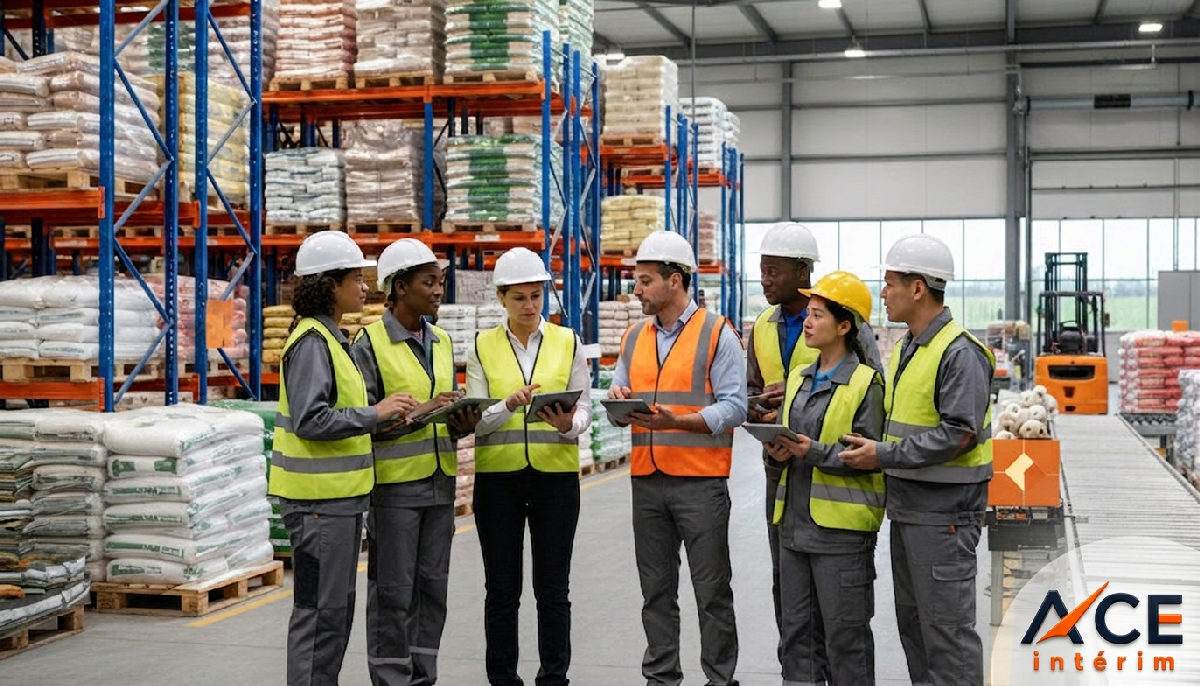Équipe agro-industrielle diversifiée collaborant dans un entrepôt.