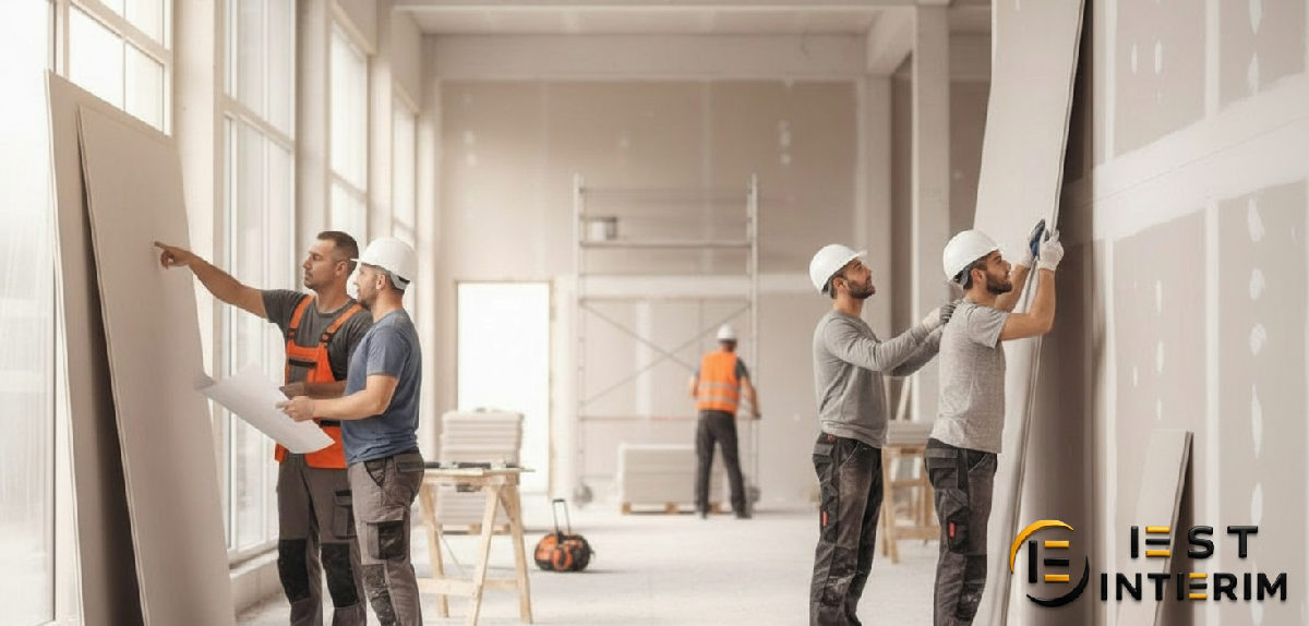Plaquistes roumains et français travaillant ensemble sur un chantier.
