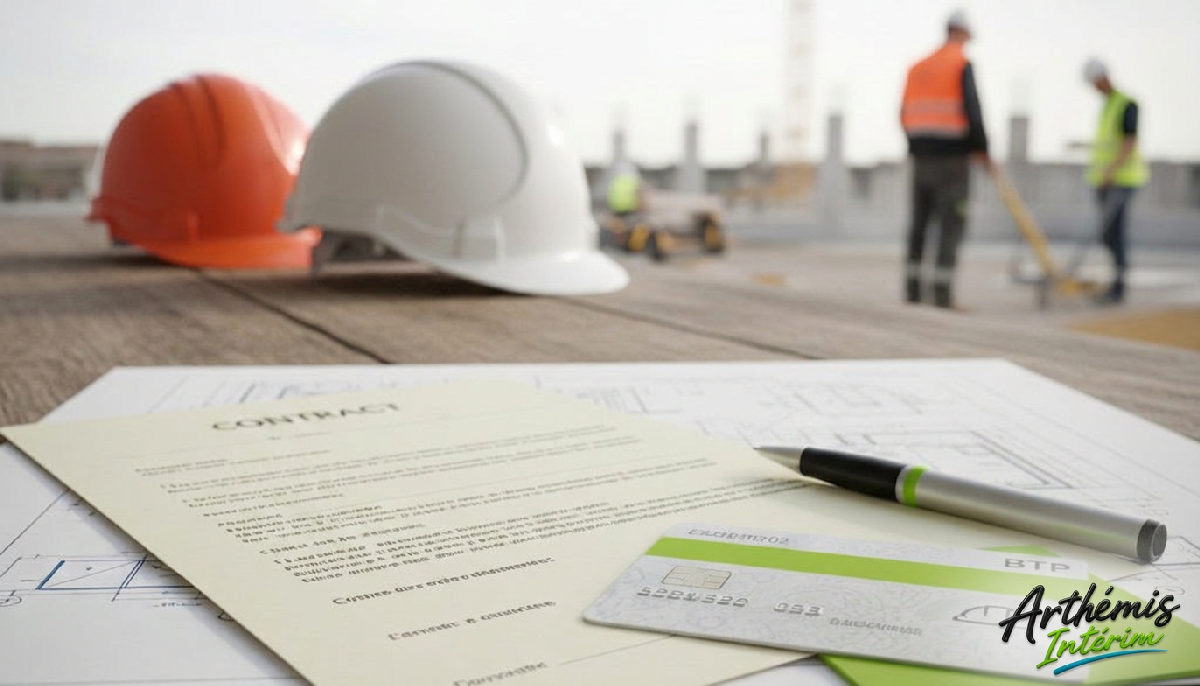 Contrat de travail et carte BTP sur une table de chantier.