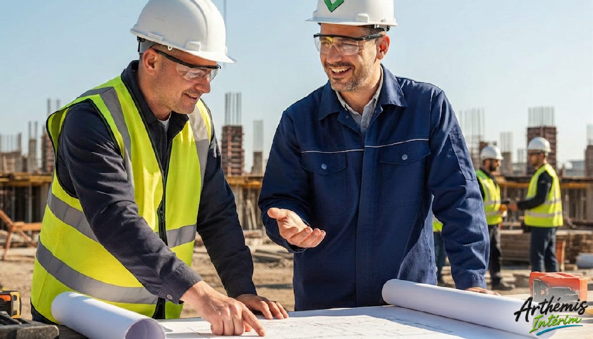 Professionnels français et roumains discutent sur un chantier ensoleillé.