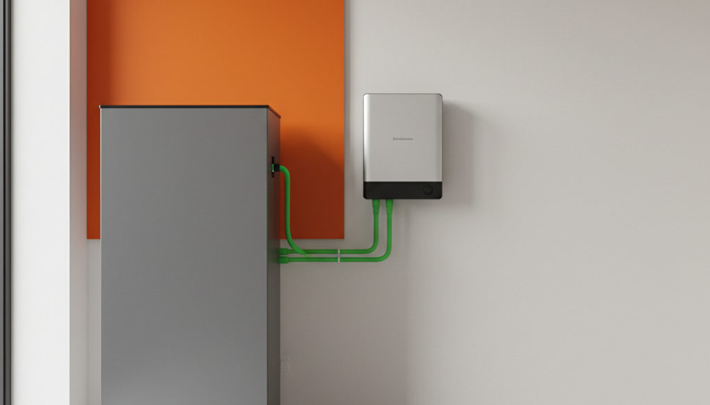 baterie pro fotovoltaiku - Moderní fotovoltaická baterie v technické místnosti rodinného domu.