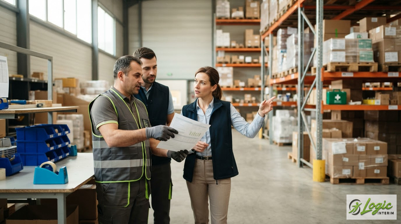 Ouvriers et équipe logistique collaborant ensemble dans un entrepôt professionnel en France.