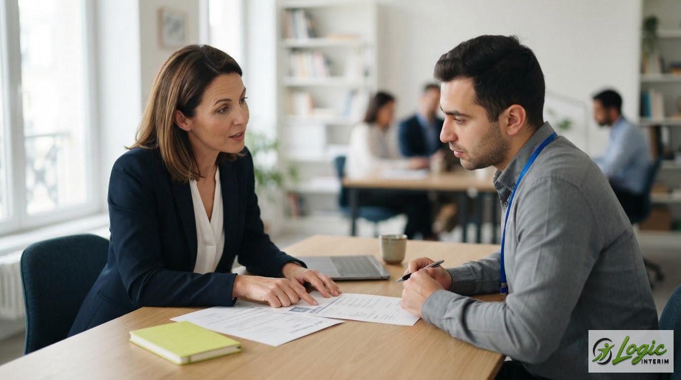 Un responsable d'entreprise examinant un CV avec un candidat lors d'un entretien.