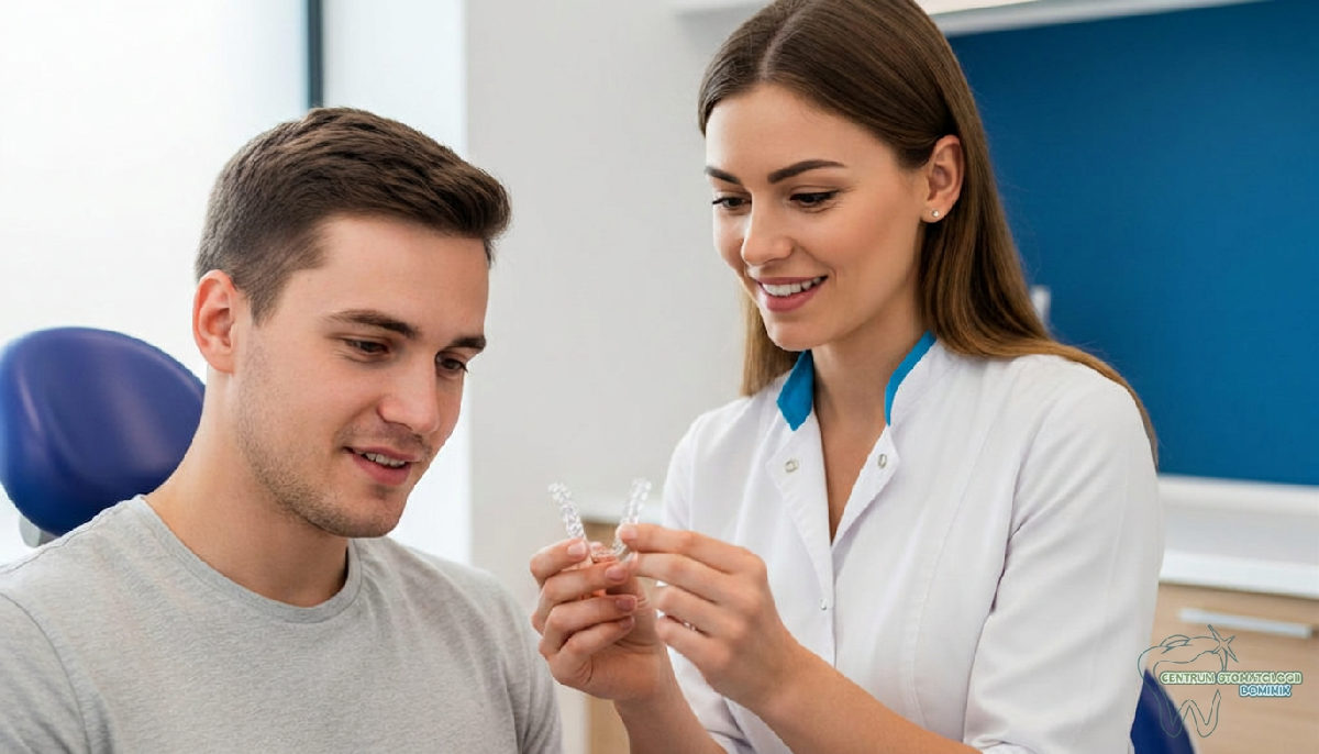 Invisalign Rabka-Zdrój – Przezroczyste nakładki w Rabce-Zdroju - Przyjazny dentysta pokazuje pacjentowi przezroczysty aligner