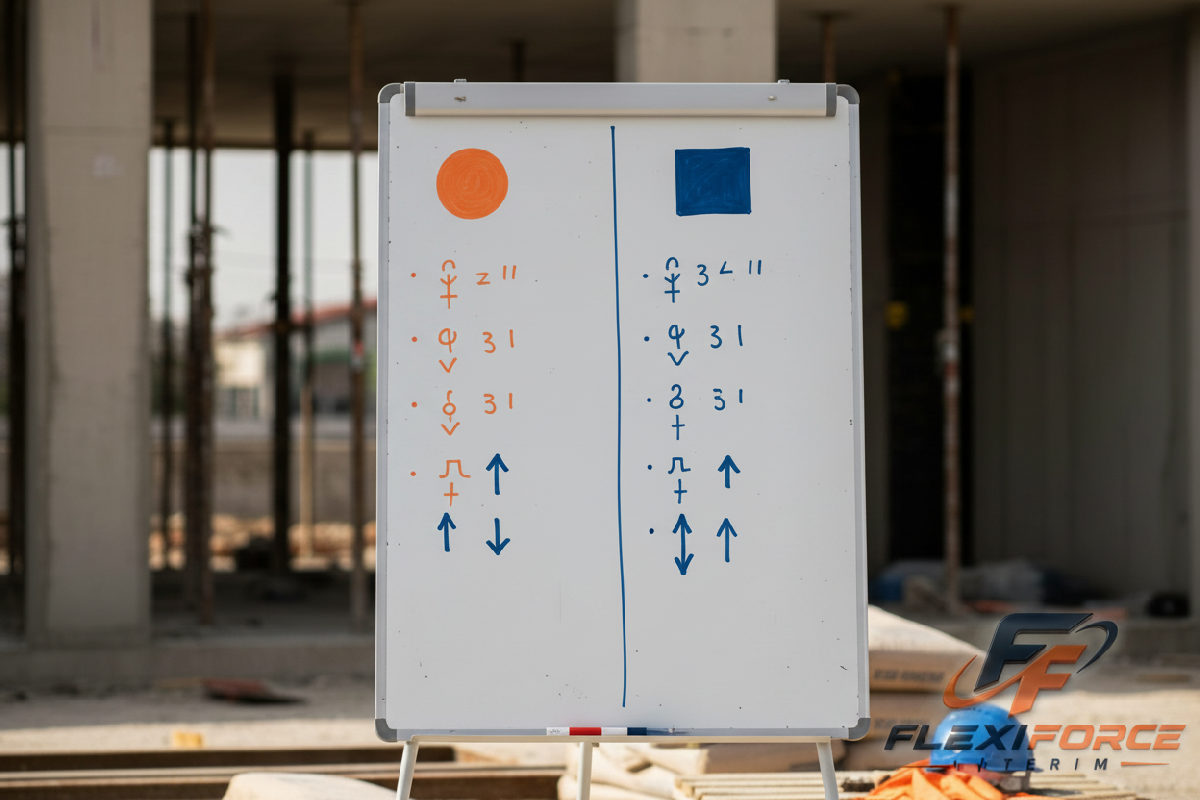 Tableau blanc avec objectifs en français et roumain sur un chantier.