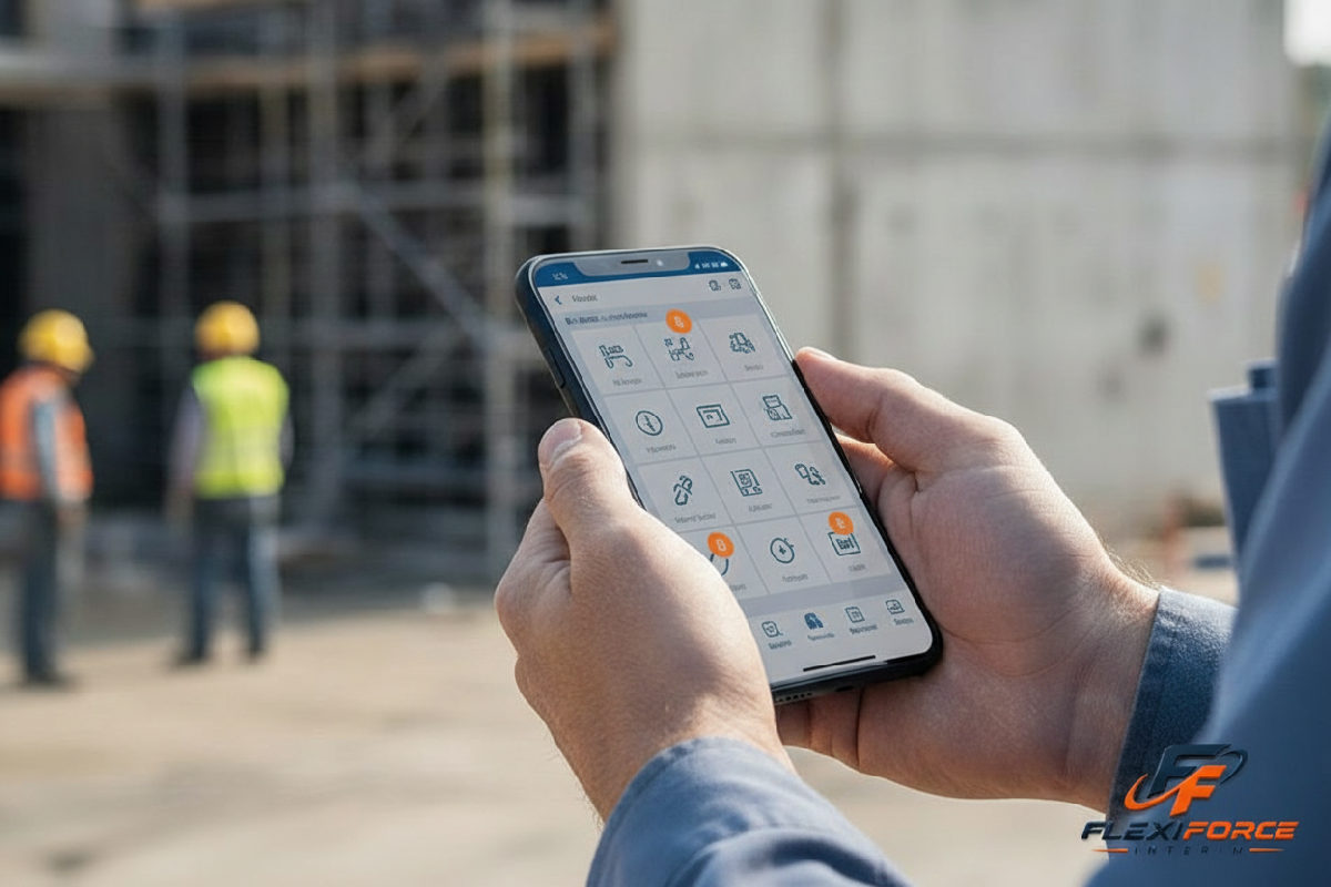 Smartphone affichant une application de gestion de chantier.