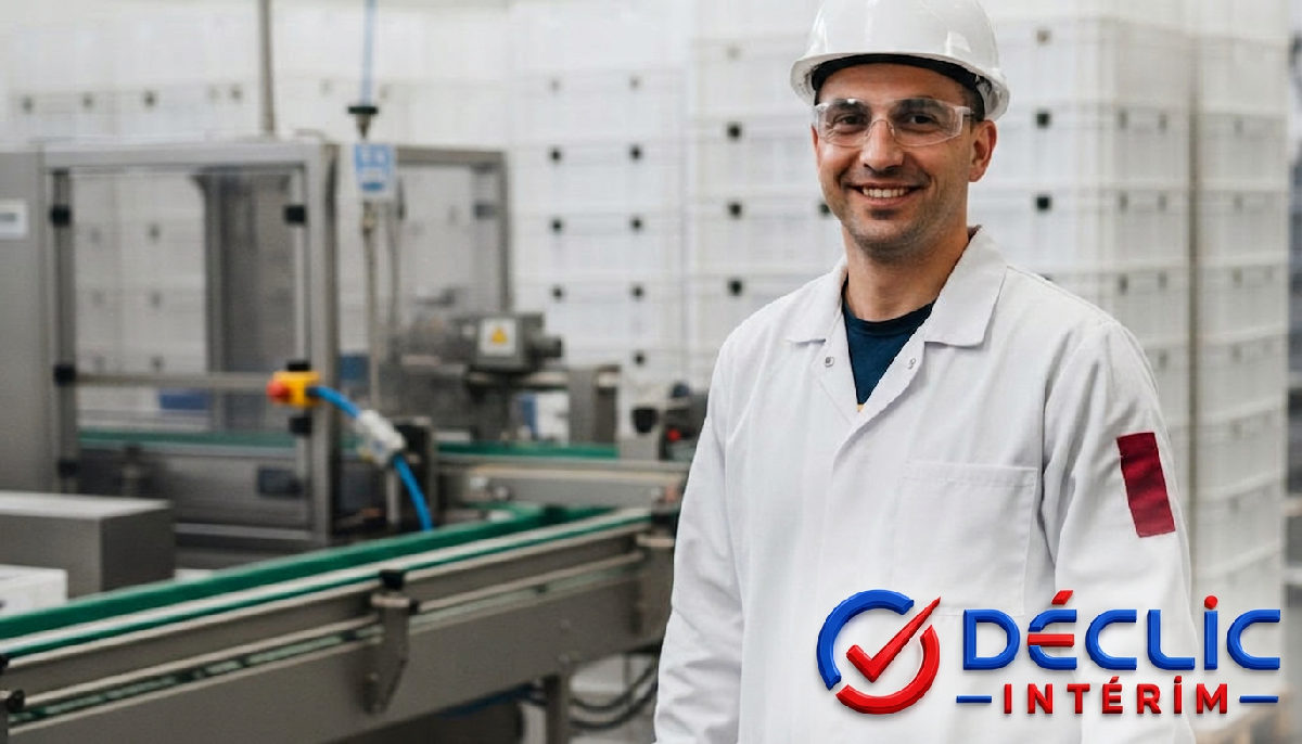 Ouvrier roumain souriant dans un entrepôt agroalimentaire organisé.