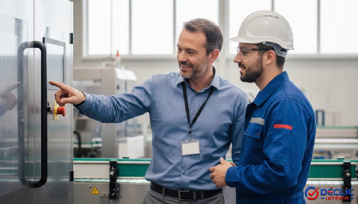 Manager expliquant un processus technique à un ouvrier roumain.