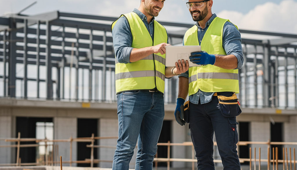 Responsable du chantier supervisant un ouvrier qualifié.