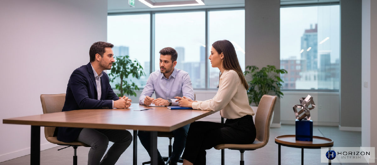 externalisation RH Horizon Interim - Professionnels en réunion stratégique RH dans un bureau moderne.